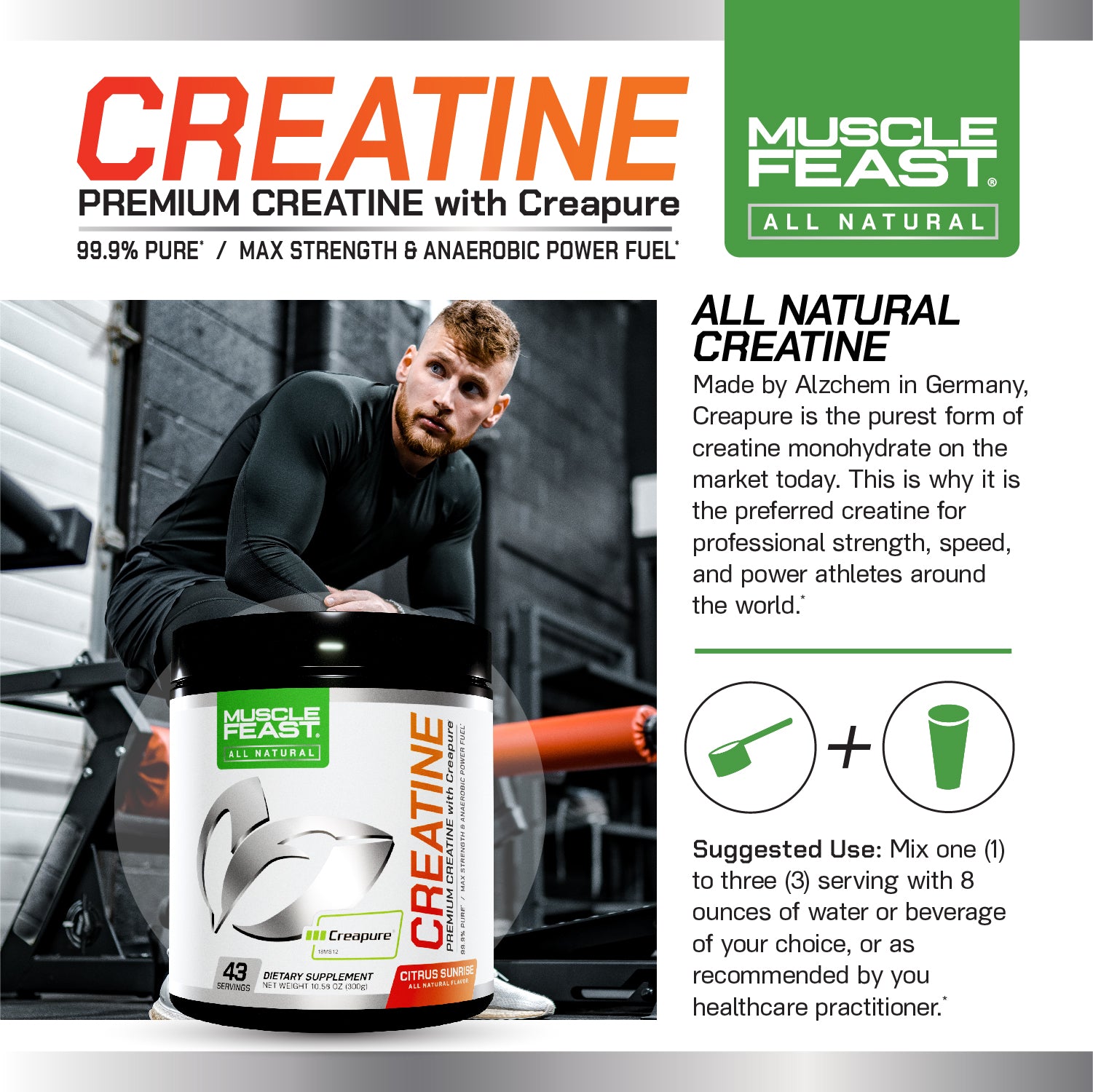 Creapure Creatine Monohydrate Powder, Vegan Keto Gluten-Free