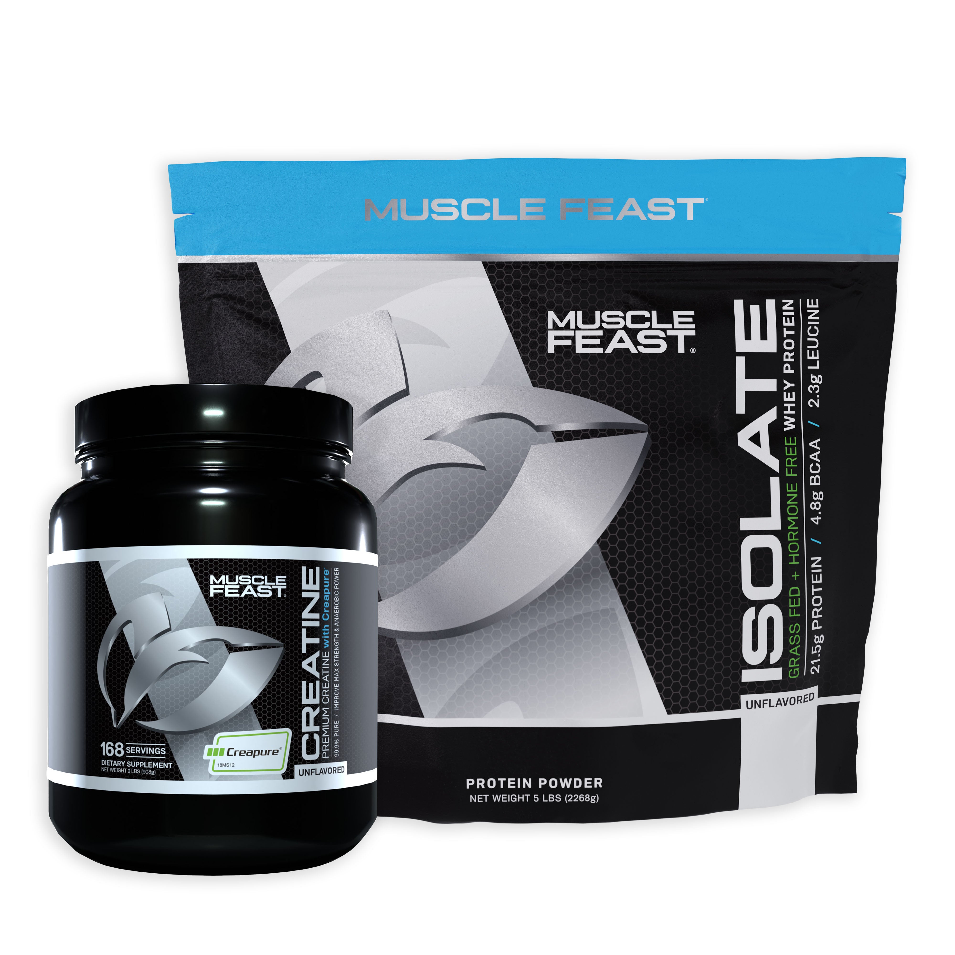 Creatine + Isolate Big Bundle Unflavored: 1 Creatine Powder (Unflavored, 2lb) + 1 Whey Protein Isolate (Unflavored, 5lb) | Premium Supplements, Vegetarian, Gluten Free