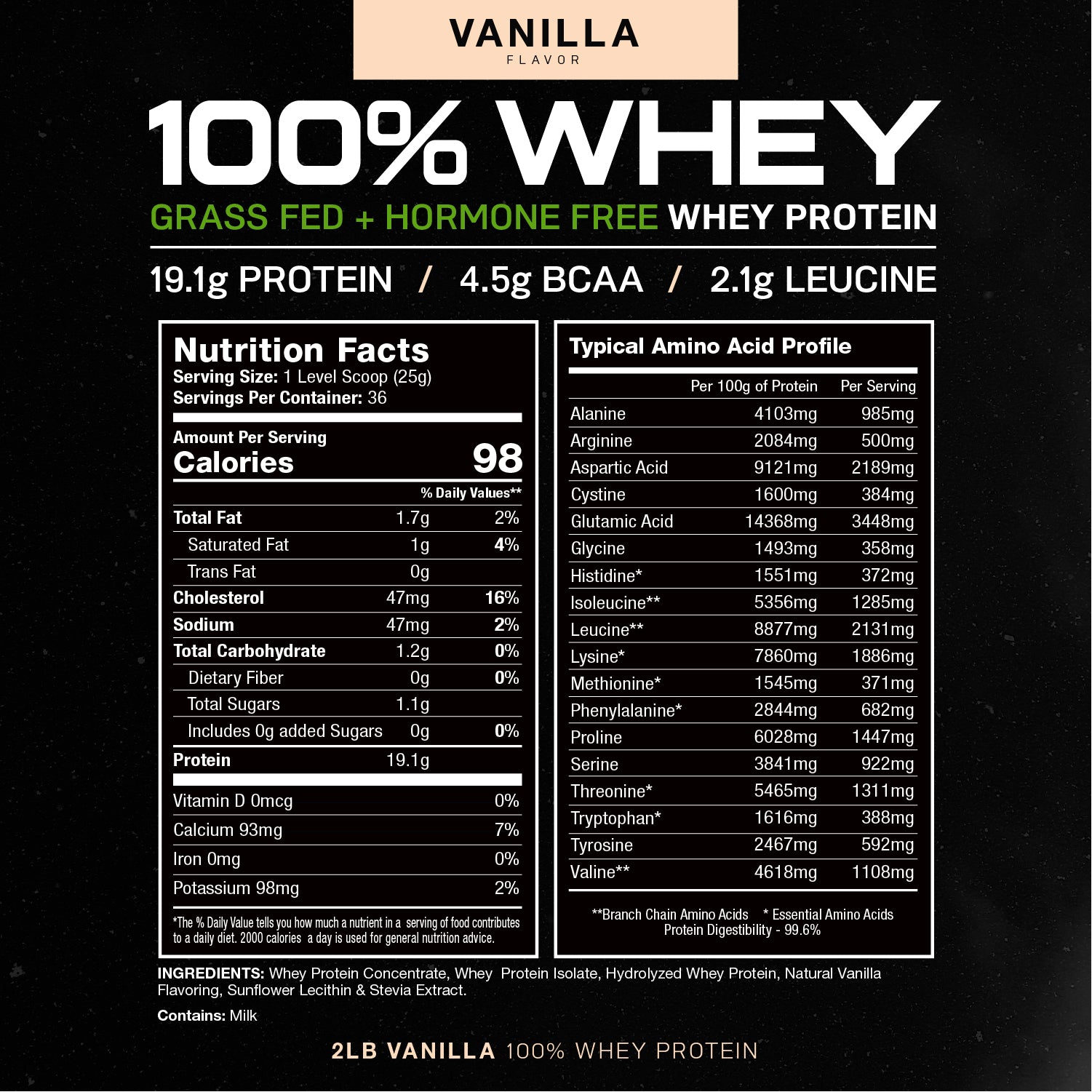 100% Whey, Pasture Raised, Grass Fed, rBST/rBGH and soy Free