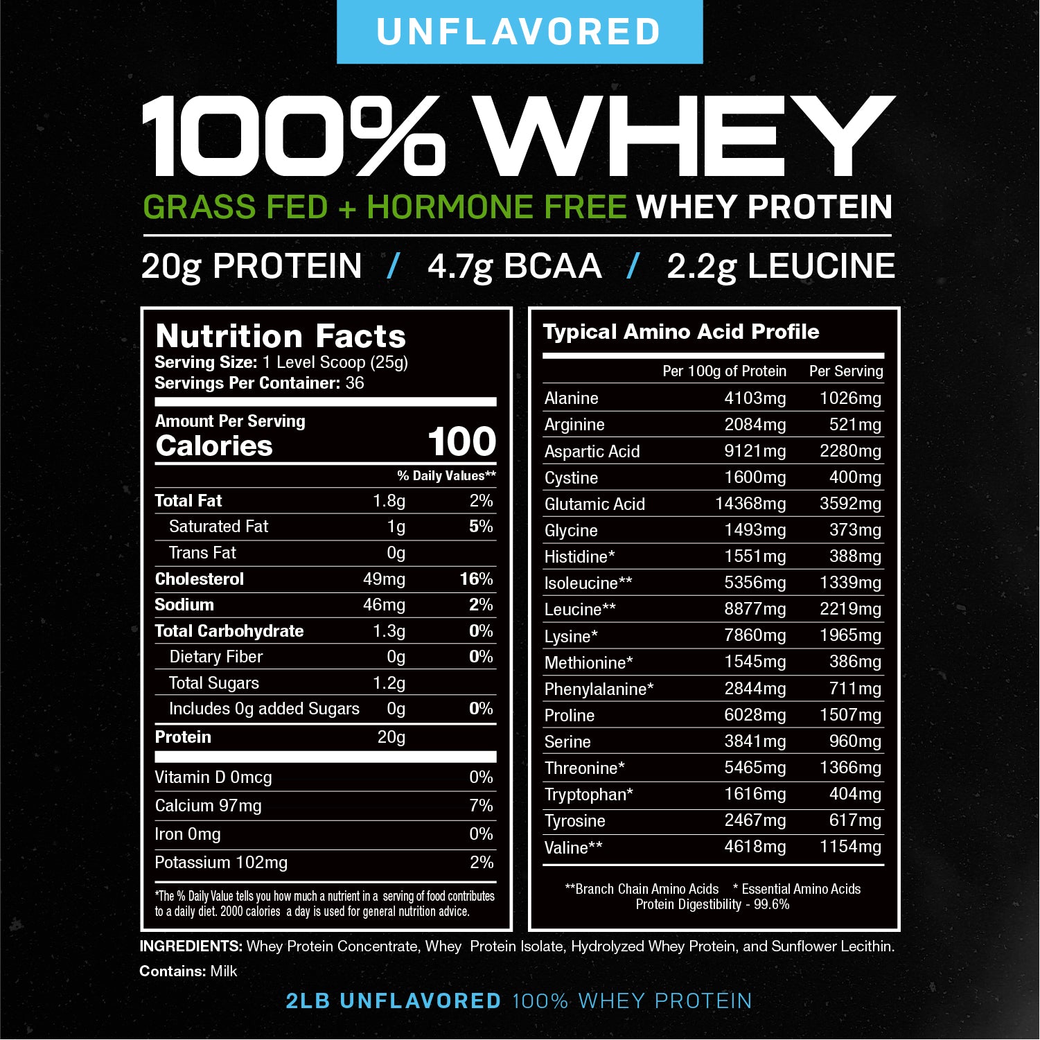 100% Whey, Pasture Raised, Grass Fed, rBST/rBGH and soy Free