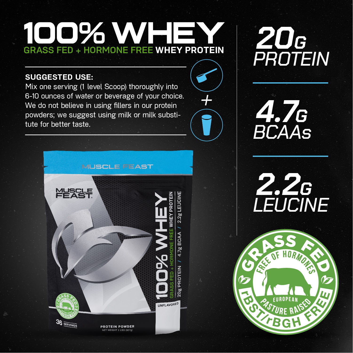 100% Whey, Pasture Raised, Grass Fed, rBST/rBGH and soy Free