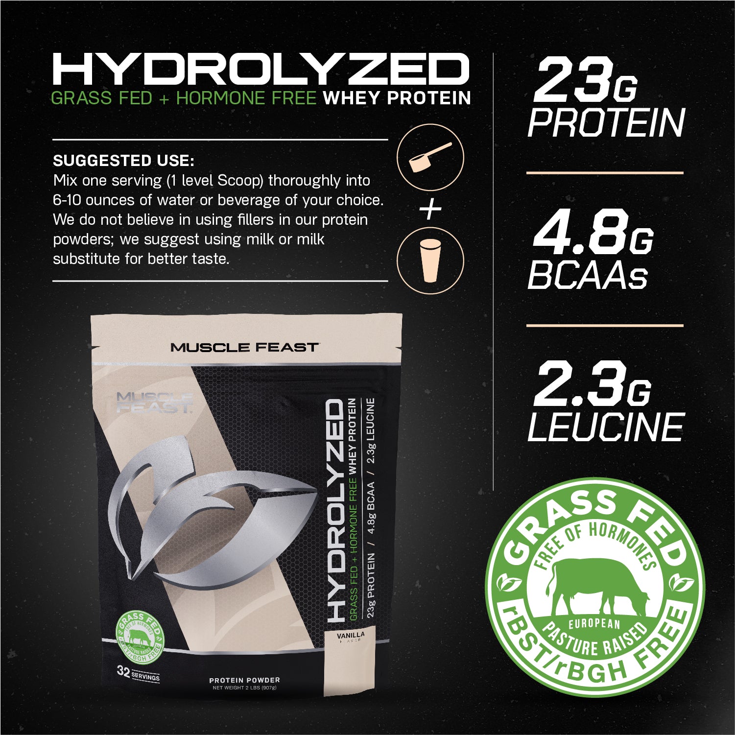Grass-Fed Hydrolyzed Whey Protein Powder, All Natural Hormone-Free