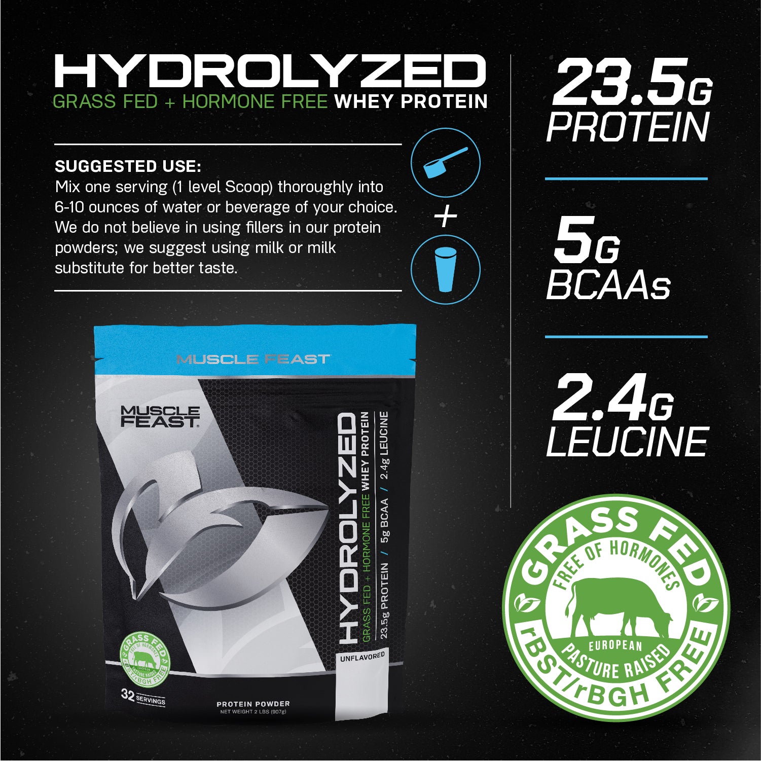 Grass-Fed Hydrolyzed Whey Protein Powder, All Natural Hormone-Free