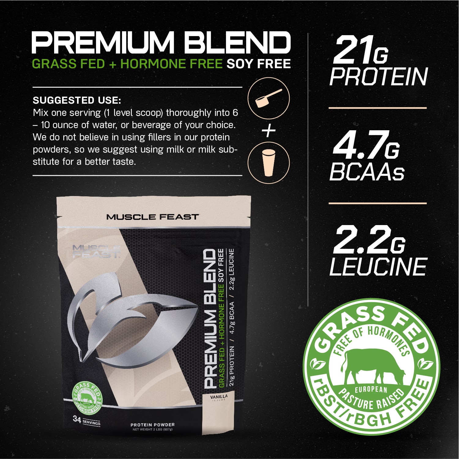 Premium Blend Protein, Pasture Raised, Grass Fed, rBST/rBGH and soy free