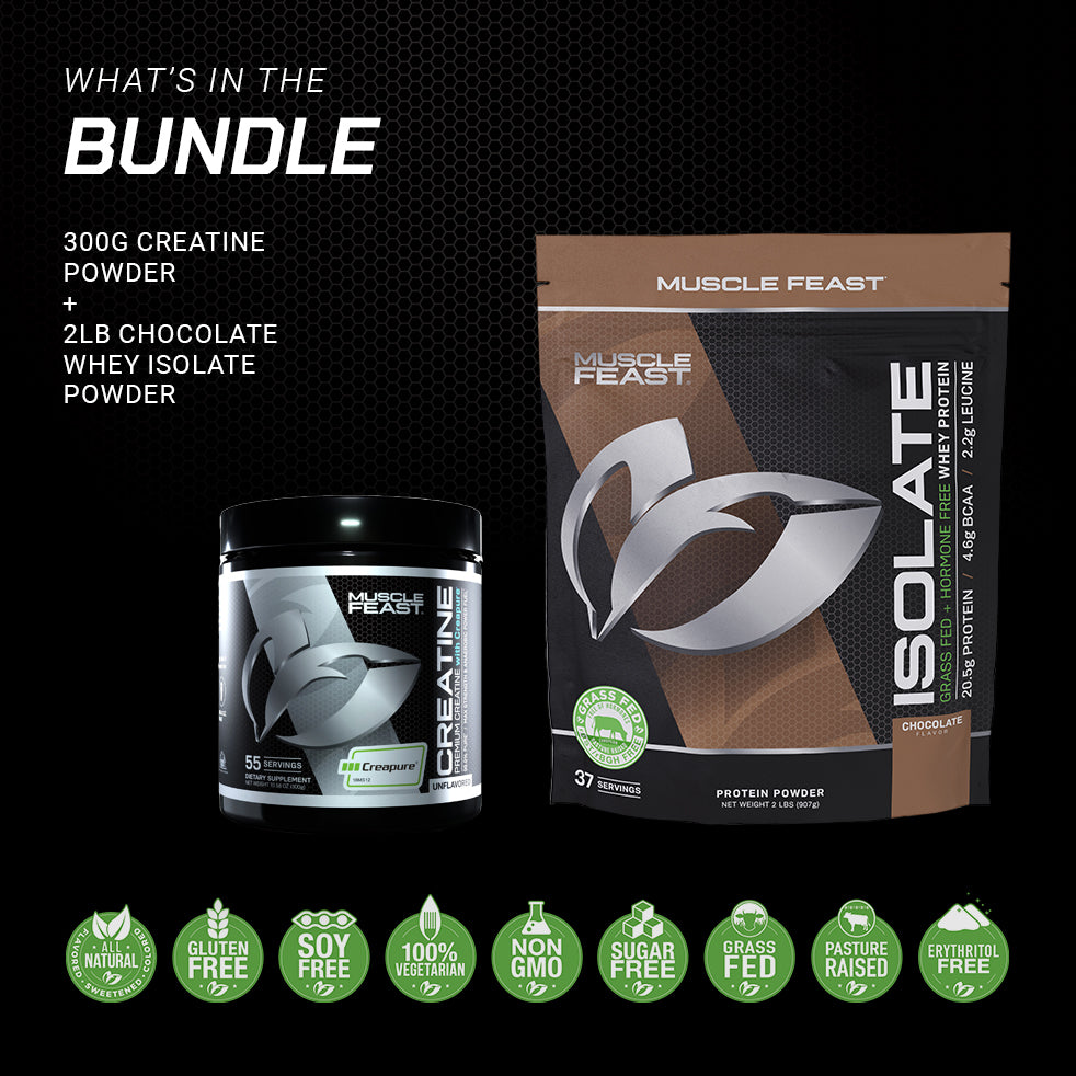 Isolate + Creatine Bundle: 1 Whey Protein Isolate (Chocolate, 2lb) + 1 Creatine Powder (Unflavored, 300g) | Premium Supplements, Vegetarian, Gluten Free