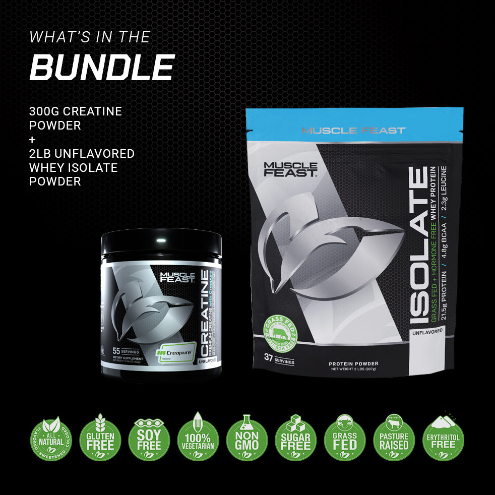 Isolate + Creatine Bundle: 1 Whey Protein Isolate (Unflavored, 2lb) + 1 Creatine Powder (Unflavored, 300g) | Premium Supplements, Vegetarian, Gluten Free
