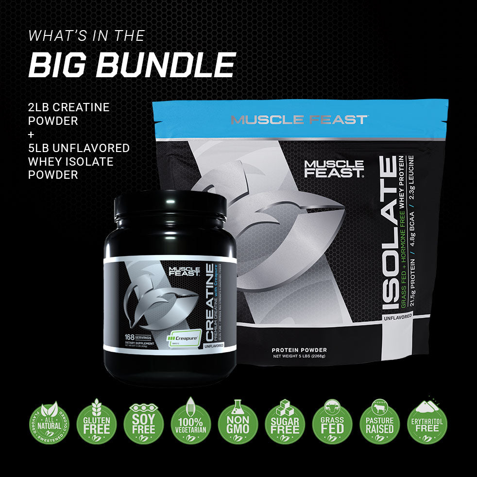 Creatine + Isolate Big Bundle Unflavored: 1 Creatine Powder (Unflavored, 2lb) + 1 Whey Protein Isolate (Unflavored, 5lb) | Premium Supplements, Vegetarian, Gluten Free