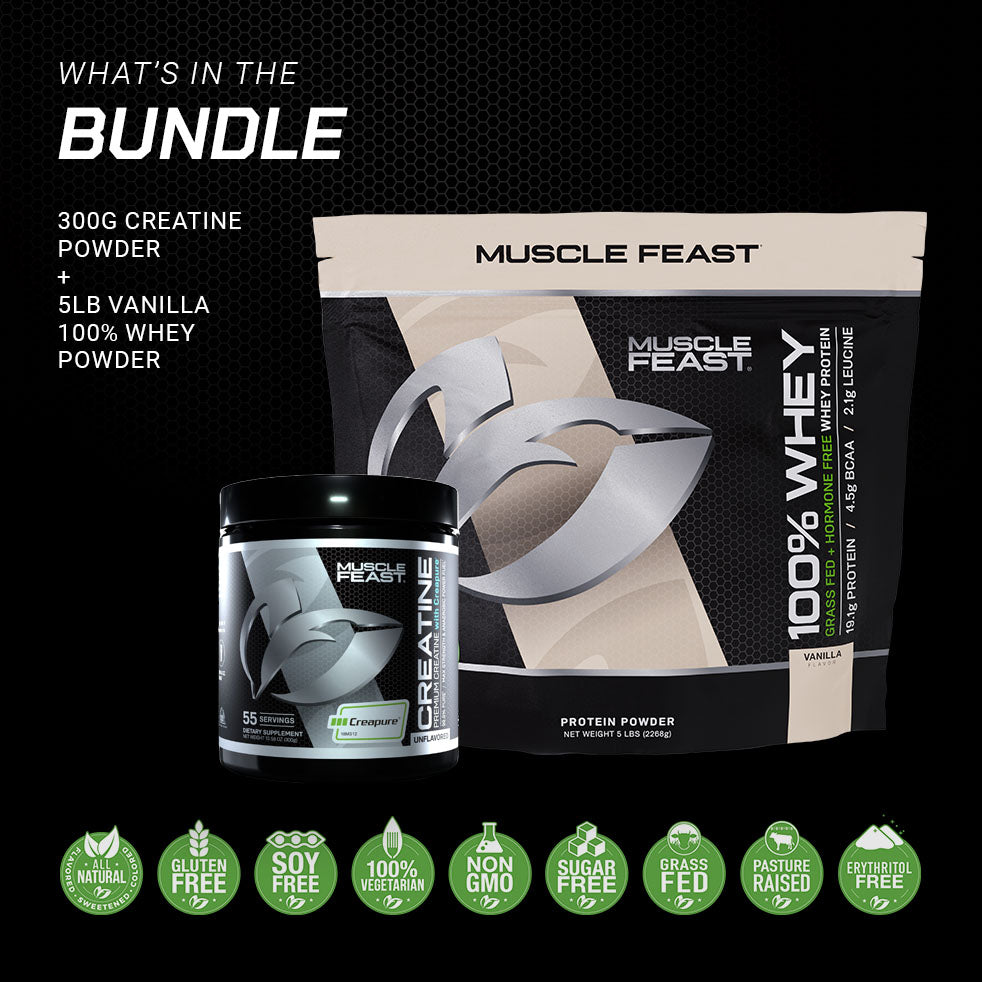 100% Whey + Creatine Bundle: (1) 100% Whey Protein (Vanilla, 5lb) + (1) Creatine Powder (Unflavored, 300g)