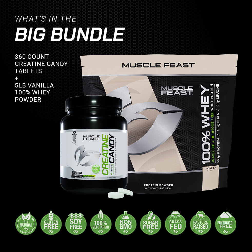 100% Whey + Creatine Candy Bundle: 1 100% Whey Protein (Vanilla, 5lb) + 1 Creatine Candy (Lemon Lime, 360) | Premium Supplements, Vegetarian, Gluten Free