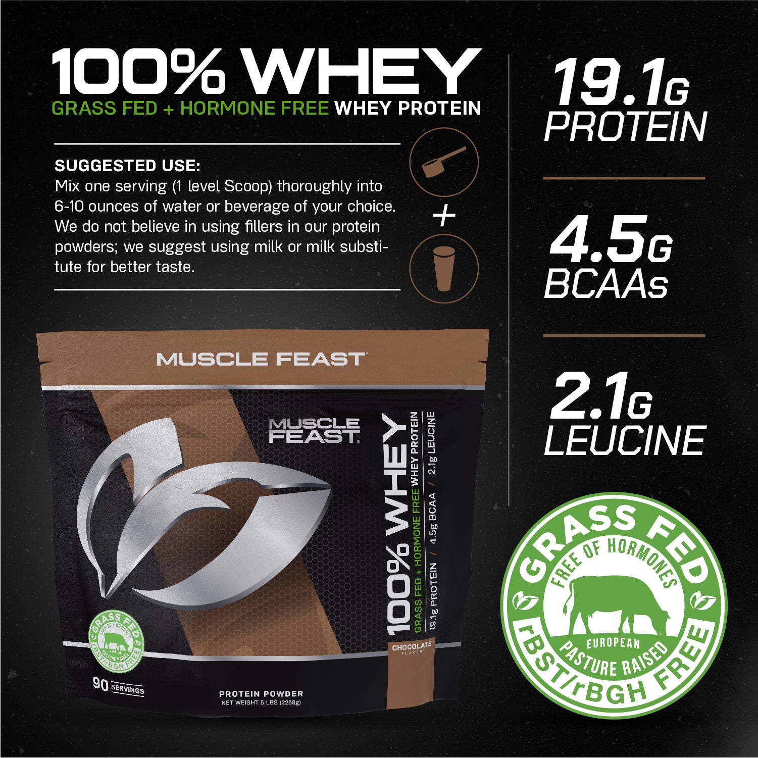 100% Whey, Pasture Raised, Grass Fed, rBST/rBGH and soy Free